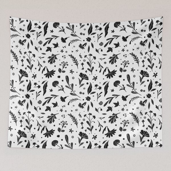 Item preview, Black and white ornamental flower and plant pattern designed and sold by anaislalovi.