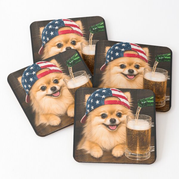 Item preview, Patriotic Pomeranian Dog Wearing American Flag Hat Drinking Beer Fun Art designed and sold by Taniyah Gomes.