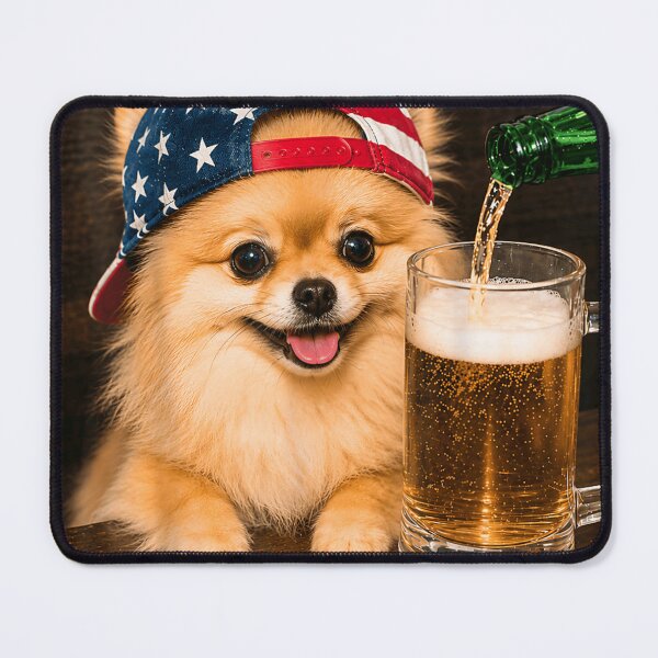 Item preview, Patriotic Pomeranian Dog Wearing American Flag Hat Drinking Beer Fun Art designed and sold by Taniyah Gomes.