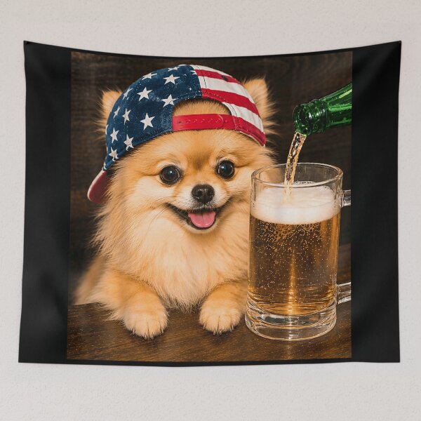 Item preview, Patriotic Pomeranian Dog Wearing American Flag Hat Drinking Beer Fun Art designed and sold by Taniyah Gomes.