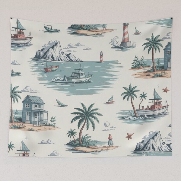 Item preview, Coastal Seaside Toile de Jouy - Vintage Nautical Blue Beach Pattern designed and sold by Tamas Das.