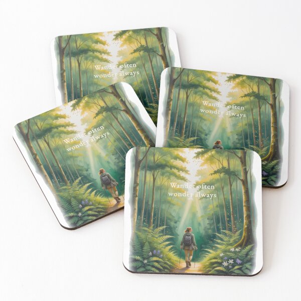 Item preview, Wander often wonder always summer forest trail female hiker watercolor art designed and sold by icemanphotos.