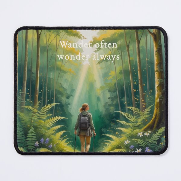 Item preview, Wander often wonder always summer forest trail female hiker watercolor art designed and sold by icemanphotos.