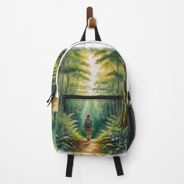 Item preview, Wander often wonder always summer forest trail female hiker watercolor art designed and sold by icemanphotos.