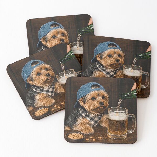 Item preview, Funny Yorkie Dog Wearing Blue Cap Drinking Beer In A Bar designed and sold by LizzyKeiko.