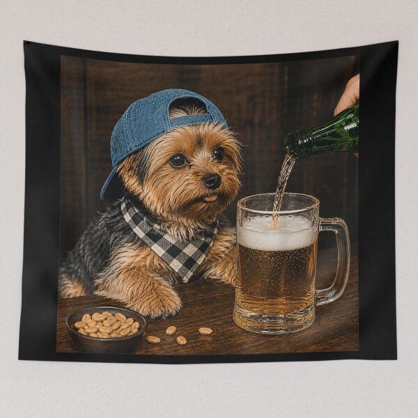 Item preview, Funny Yorkie Dog Wearing Blue Cap Drinking Beer In A Bar designed and sold by LizzyKeiko.