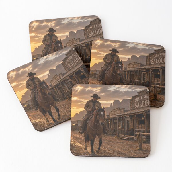 Item preview, Cowboy Riding Through Old Western Town – Wild West Sunset Art designed and sold by  QuarterHorseArt by Just my Studio.