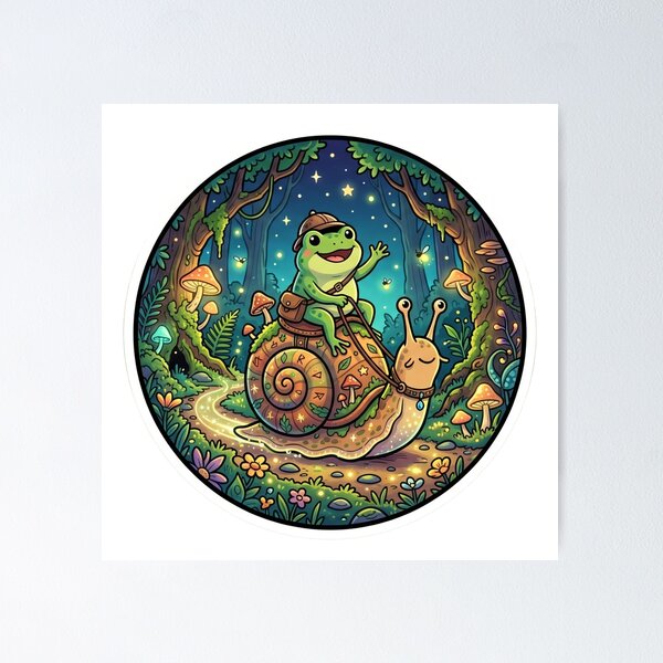 Item preview, Fantasy Frog Riding a Snail – Whimsical Forest Adventure Cartoon Art designed and sold by ArtsyExplorer.