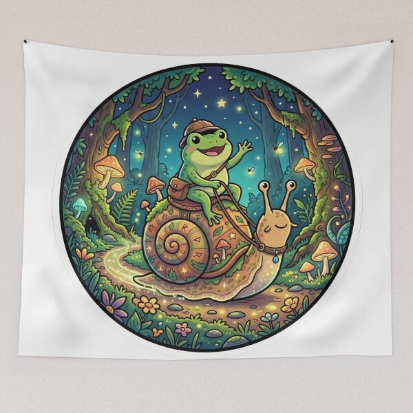 Item preview, Fantasy Frog Riding a Snail – Whimsical Forest Adventure Cartoon Art designed and sold by ArtsyExplorer.