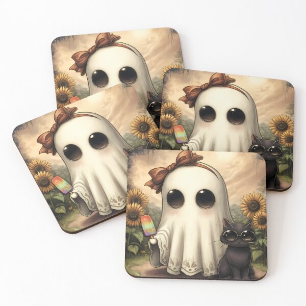 Item preview, Black Cat and Ghost friend Sunflower Field | Cozy Cottagecore Halloween Cat Art designed and sold by InkAndGloom.