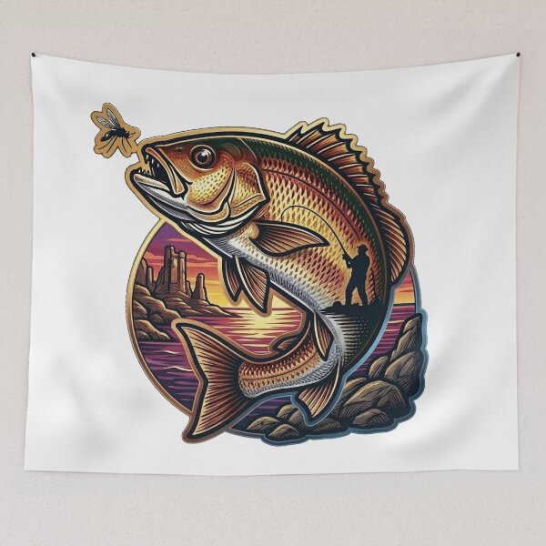 Item preview, Fly Fishing Bass Sunset Vintage Vector Art designed and sold by SasquatchTrail.