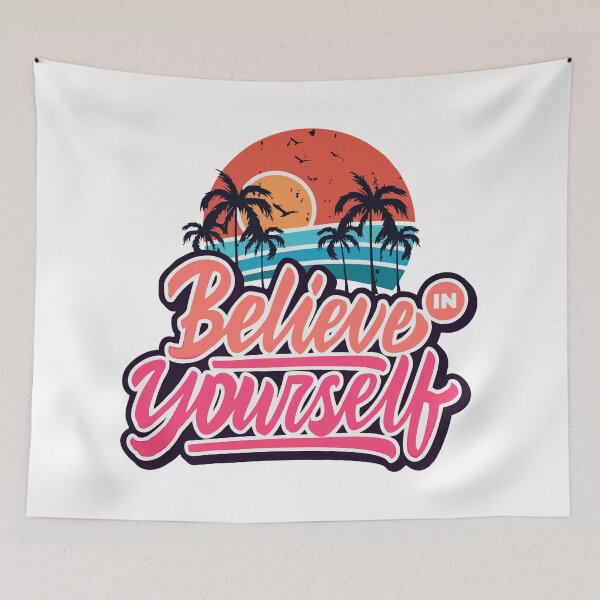 Item preview, Believe In Yourself Retro Sunset Palm Trees Motivational Typography T-Shirt, Sticker, mug designed and sold by Billium Halder.