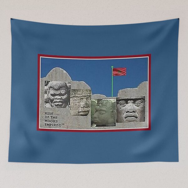 Item preview, Mu’ur (UM) Empire™ al-Benhadiel©™ design, Mt. Rushmore Olmecs, blue background designed and sold by HardyKnitDesign.