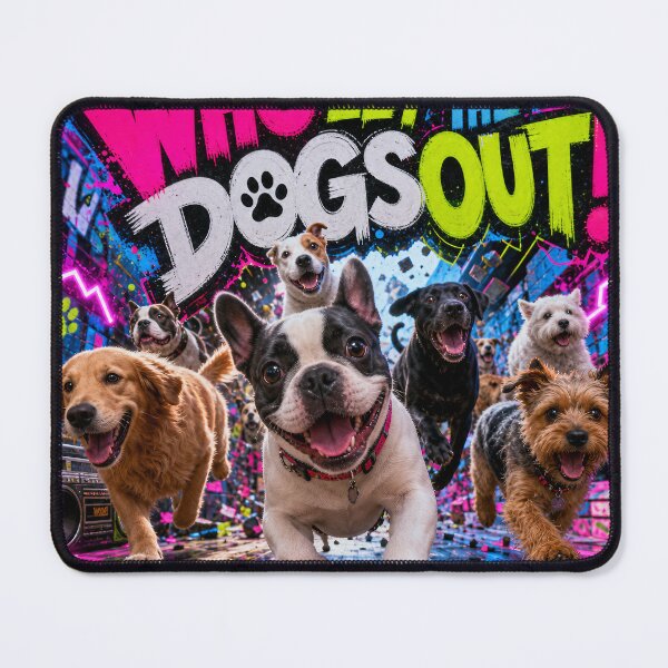 Item preview, WHO LET THE DOGS OUT — Neon Dog Collage Poster designed and sold by Jandedan.