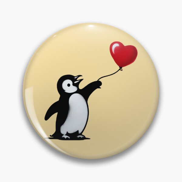 Item preview, A street art graffiti piece in Banksy's distinctive black and white stencil style depicting a cute penguin reaching desperately toward a bright red heart-shaped balloon floating away. designed and sold by 123ks.