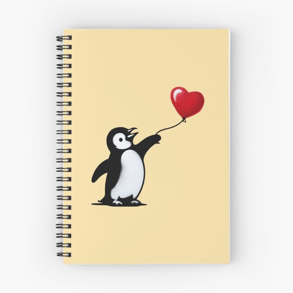 Item preview, A street art graffiti piece in Banksy's distinctive black and white stencil style depicting a cute penguin reaching desperately toward a bright red heart-shaped balloon floating away. designed and sold by 123ks.