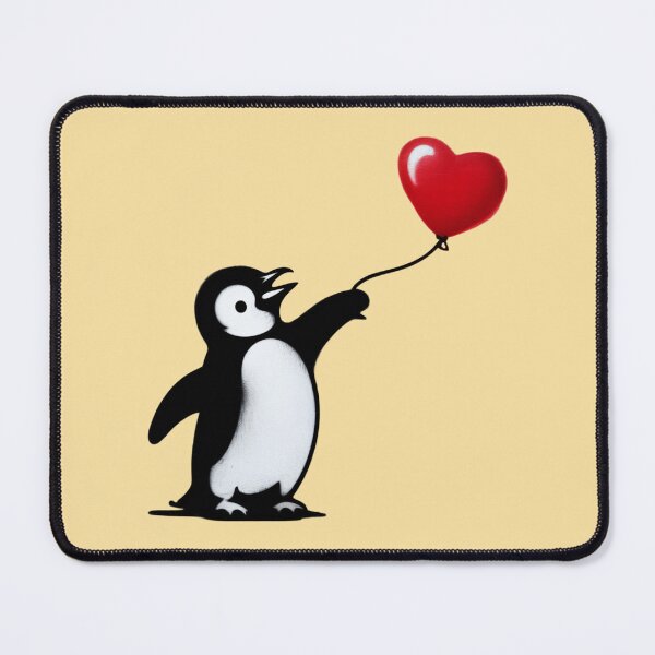 Item preview, A street art graffiti piece in Banksy's distinctive black and white stencil style depicting a cute penguin reaching desperately toward a bright red heart-shaped balloon floating away. designed and sold by 123ks.