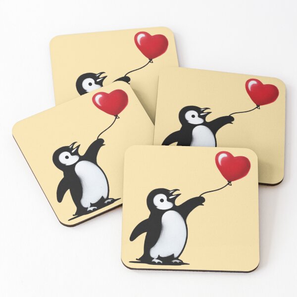 Item preview, A street art graffiti piece in Banksy's distinctive black and white stencil style depicting a cute penguin reaching desperately toward a bright red heart-shaped balloon floating away. designed and sold by 123ks.