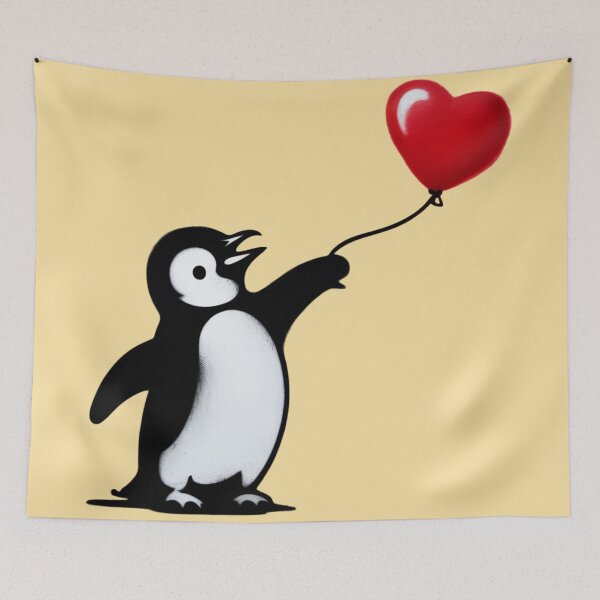 Item preview, A street art graffiti piece in Banksy's distinctive black and white stencil style depicting a cute penguin reaching desperately toward a bright red heart-shaped balloon floating away. designed and sold by 123ks.