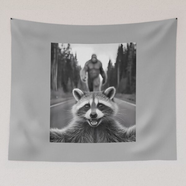 Item preview, Scared Raccoon Selfie with Sasquatch Bigfoot, Funny Raccoon designed and sold by ArleneRowe.