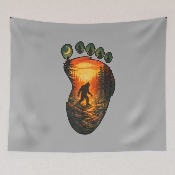 Item preview, Vintage Bigfoot Footprint Sunset Forest Sasquatch Design designed and sold by ArleneRowe.