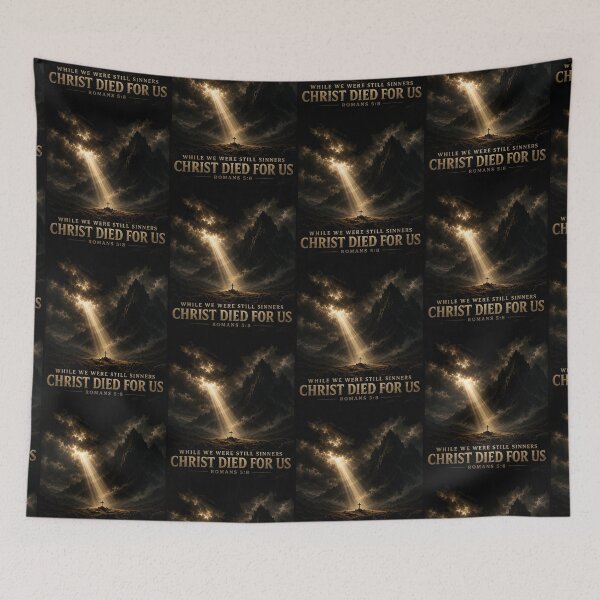 Item preview, Christ died for us While we were still sinners Romans 5:8 God demonstrates his love for us Sun rays breaking through the Dark clouds Shine on us Lord encouragement T-shirt designed and sold by FTLOG.