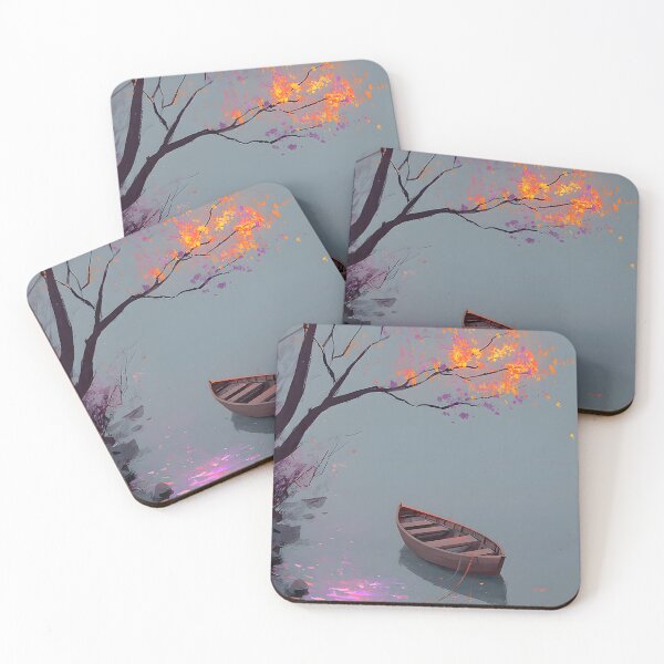 Item preview, Tranquil Autumn Lake - Minimalist Zen Wooden Boat Painting designed and sold by montaodujour.