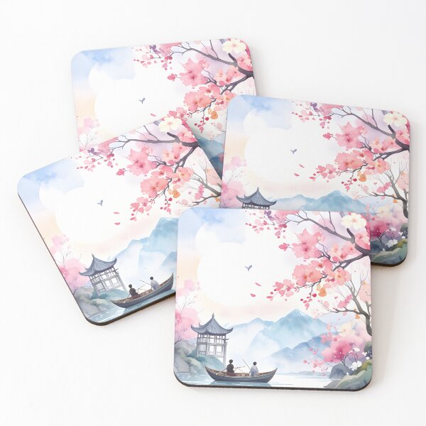 Item preview, Zen Landscape Watercolor Cherry Blossom and Boat on Lake Art designed and sold by montaodujour.