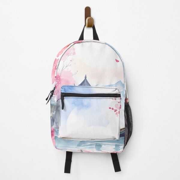 Item preview, Zen Landscape Watercolor Cherry Blossom and Boat on Lake Art designed and sold by montaodujour.