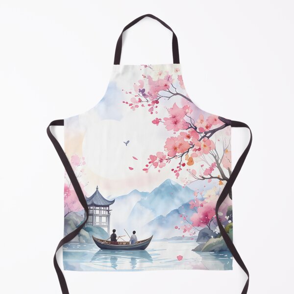 Item preview, Zen Landscape Watercolor Cherry Blossom and Boat on Lake Art designed and sold by montaodujour.