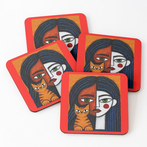 Item preview, Naive Cubist Woman With Tabby Cat designed and sold by ZunZunArt.