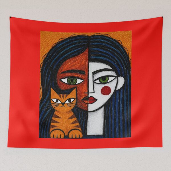 Item preview, Naive Cubist Woman With Tabby Cat designed and sold by ZunZunArt.