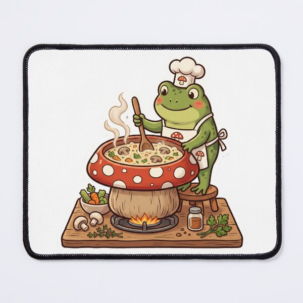Item preview, Cute Frog Chef Cooking Soup – Whimsical Mushroom Pot Cartoon Art designed and sold by ArtsyExplorer.