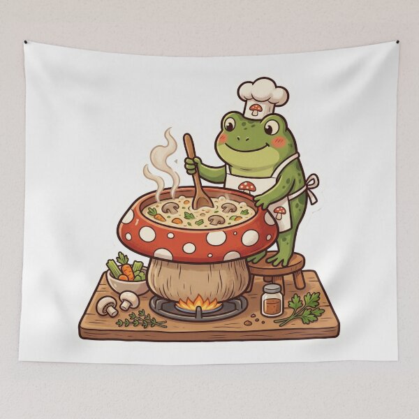 Item preview, Cute Frog Chef Cooking Soup – Whimsical Mushroom Pot Cartoon Art designed and sold by ArtsyExplorer.