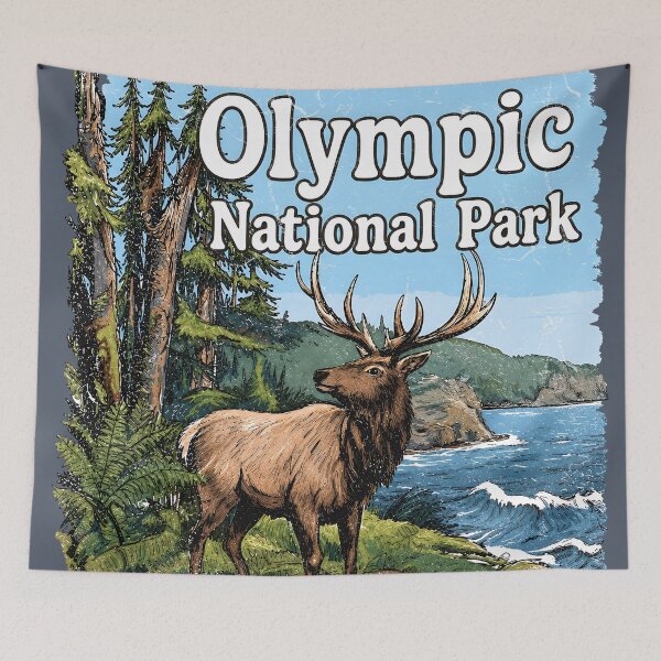 Item preview, Olympic National Park Colorful Landscape Cute Elk designed and sold by HowToCanadian.