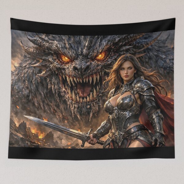 Item preview, Dragon Queen and Infernal Beast – Dark Fantasy Warrior Oil Painting designed and sold by thor81pl.