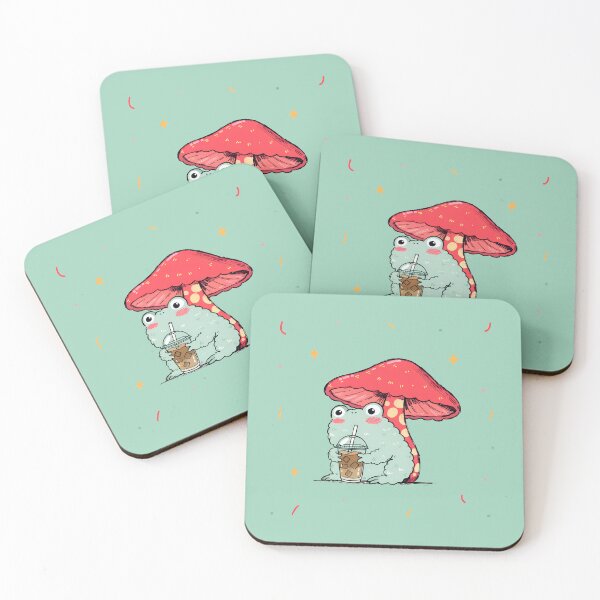 Item preview, Kawaii Frog Drinking Iced Coffee Under a Mushroom designed and sold by Picmagico.