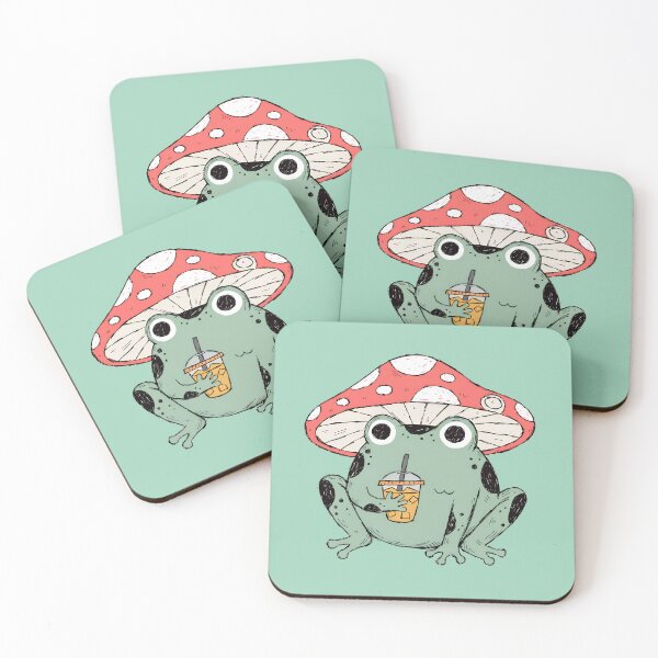 Item preview, Kawaii Frog Drinking Iced Coffee Under a Mushroom designed and sold by Picmagico.