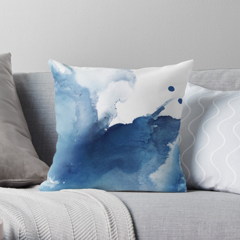 Indigo Blue Sea, Abstract Ink Painting Throw Pillow