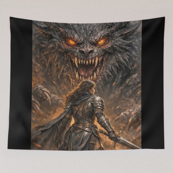 Item preview, Warrior Facing the Abyssal Beast – Dark Fantasy Oil Painting designed and sold by thor81pl.