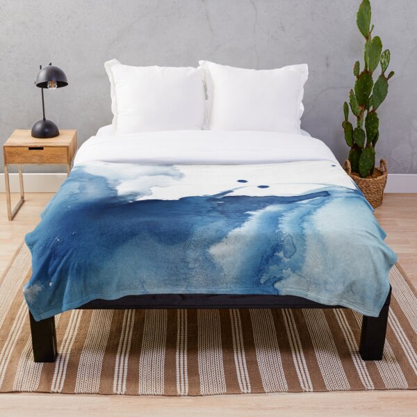 Indigo Blue Sea, Abstract Ink Painting Throw Blanket