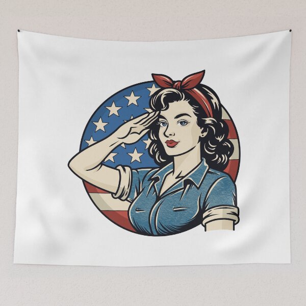 Item preview, Vintage Patriotic Woman Saluting with American Flag designed and sold by Anne97s.