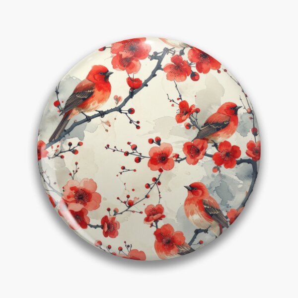 Item preview, Red birds on red flowers Japanese watercolor pattern designed and sold by thelivingrp.