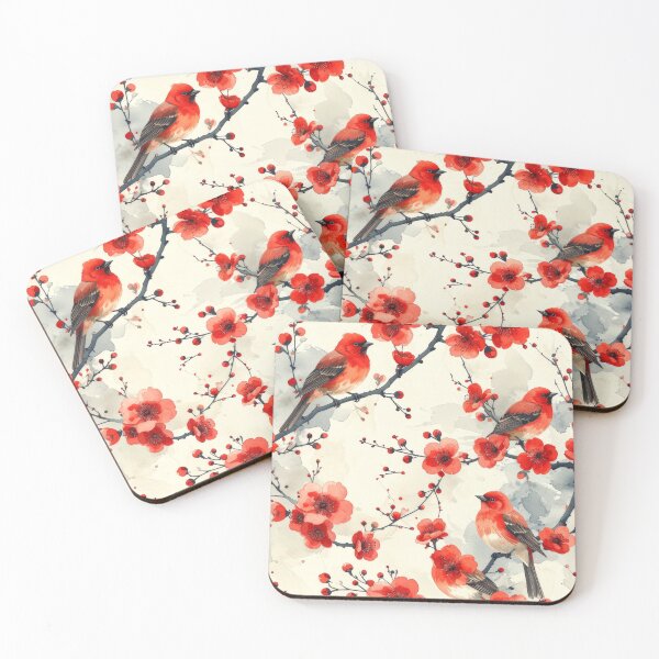 Item preview, Red birds on red flowers Japanese watercolor pattern designed and sold by thelivingrp.