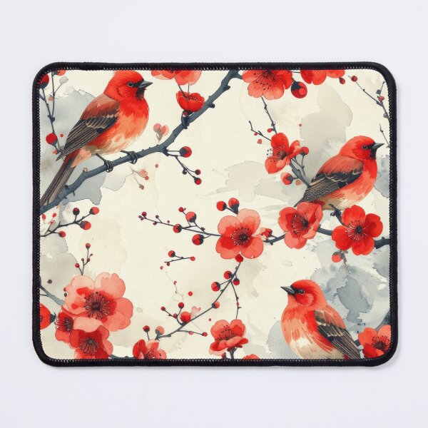 Item preview, Red birds on red flowers Japanese watercolor pattern designed and sold by thelivingrp.