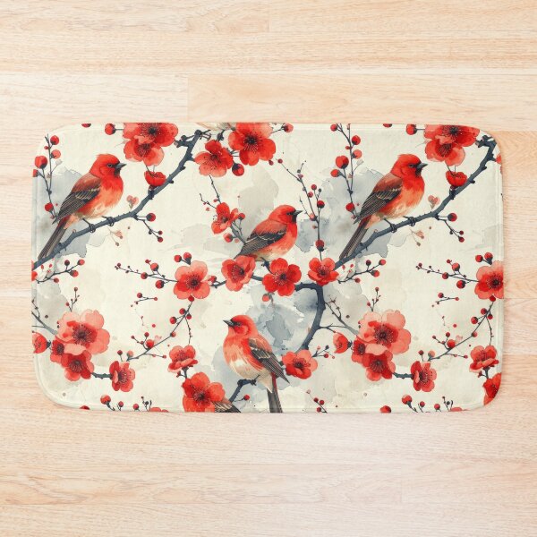 Item preview, Red birds on red flowers Japanese watercolor pattern designed and sold by thelivingrp.