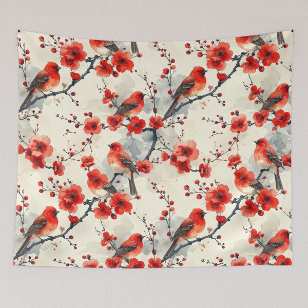Item preview, Red birds on red flowers Japanese watercolor pattern designed and sold by thelivingrp.