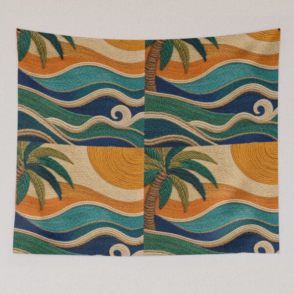 Item preview, Tropical Coastal Jute Waves And Palm Textile Background designed and sold by frumixart.