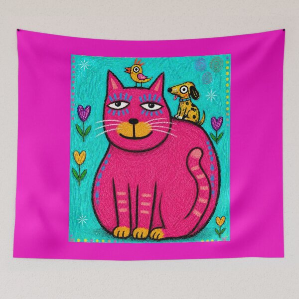 Item preview, Naive Folk Art Chunky Cat Dog Bird designed and sold by ZunZunArt.