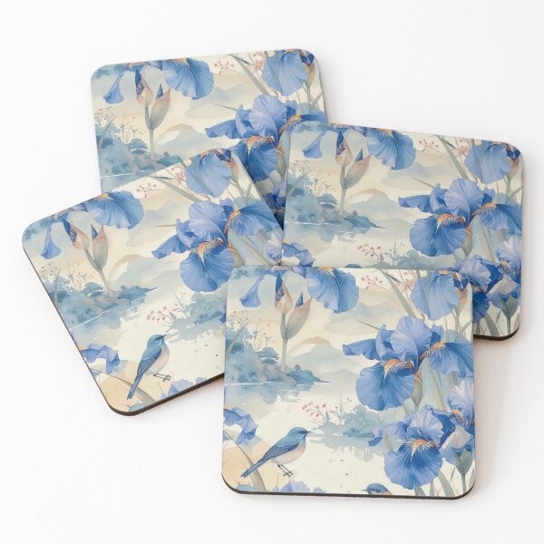 Item preview, Japanese watercolor painting of iris flowers and birds pattern designed and sold by thelivingrp.